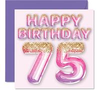 75th Birthday Card for Women - Pink & Purple Glitter Balloons - Happy Birthday Cards for 75 Year Old Woman Mum Great Nanny Grandma Gran, 145mm Greeting Cards Gift