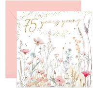 75th Birthday Card for Women - Seventy-fifth Female Birthday Card - Flower Meadows Gold Foil Detail - Elegant Wonderful Birthday Card for Her - Mum, Auntie, Nana, Granny, Sister