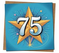 75th Birthday Card - Star and Fireworks on Blue - Milestone Age 75-145mm x 145mm Square - Celebration Greeting Card, Includes Kraft Envelope