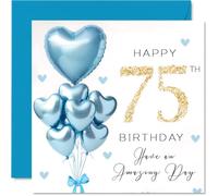 75th Birthday Cards for Men - Blue Glitter Balloons - Happy Birthday Card for 75 Year Old Man Uncle Dad Brother Grandad, 145mm Bday Greeting Cards
