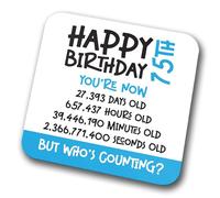 75th Birthday Coaster - Celebrate 75 Years in Seconds, Minutes, Hours, and Days. Novelty Drink Coasters for Tea and Coffee for Christmas and Birthdays (Modern) (Blue, 75 Years Old)