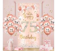 75th Birthday Decoration Women, Rose Gold 75 Banner with Balloons, 75th Birthday Decoration for 75 Years Women 75th Happy Birthday Background Door Banner 75th Balloon Anniversary Birthday Party