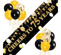 75th Birthday Decorations - 'Cheers To 75 Years' Gold and Black Fabric Photo Backdrop Banner With Latex and Confetti Balloons - Party Decorations for Women, Men