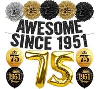 75th Birthday Decorations for Men Women, Black Gold Pre-strung Awesome Since 1951 Banner Paper Pompoms Vintage 1951 Happy 75 Birthday Balloons Party Supplies Decor