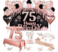 75th Birthday Decorations for Women, 49pcs Black Rose Gold Black Happy 75th Birthday Banner, Tablecloth, Butterfly Decor, Sash and Tiara, Cake Topper, Candles, Balloons Arch