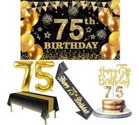 75th Birthday Decorations Men Women with 75th Birthday Banner, Black and Gold Table Cloth, Number Balloons, Black Glitter Sash, Cake Topper and Candles