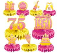 75th Birthday Decorations Set, 1950 Table Toppers for Women Birthday Party Supplies, Happy 75 Year Old Table Decoration for Grandma, 9Pcs Pink & Gold Honeycomb Centerpieces