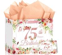75th Birthday Gift Bag Flower 75th Birthday Gift Wrapping Paper Bag for Women Her Cheers to Seventy-five Years Old Party Favors Supplies