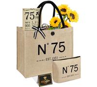 75th Birthday Gifts for Women Jute Tote Bag, Vintage N ° 75 Burlap Handbag with Cosmetic Bag and Poster, Unique 75 Year Old Gifts for Mother Friends Wife Sister Her