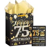 75th Birthday Medium Gift Bag, Black and Gold Birthday Presents Bag with Greeting Cards and Tissue Paper, Perfect for Any 75th Celebration