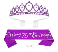 75th Birthday Tiara Sash for Women Birthday Princess Crown Crystal Queen Tiara Birthday Headbands Happy Birthday Decorations Sash and Tiara Kit Women Birthday Clothing Accessories Party Supplies