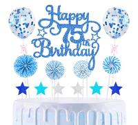 75th Cake Decorations Happy Birthday Blue Cake Picks Star Paper-fans Balloon Cupcake Toppers for 75th Birthday Decorations Party Supplies