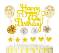 75th Cake Decorations Happy Birthday Cake Picks Heart Star Paper-fans Balloon Decor Cupcake Topper for 75th Decorations Party Supplies, Gold