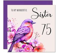 75th Sister Birthday Card - Purple Watercolour Bird Sister's Birthday Card for 75 Year old Seventy Five, Seventy Fifth