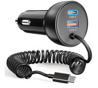 75W USB C Car Charger Cigarette Lighter and 1.2m Coiled Type C Cable for iPhone 17 Air 16 15 Pro Max, Samsung S25 S24, Pixel Android Phone, 2-Port Fast Charge Car Adapter Plug 12V USB A/C Socket