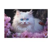 75x50cm/1000pcs Jigsaw Puzzles for Teenagerss Fluffy White Cat with Blue Eyes Surrounded by Pink Flowers Adult Jigsaw Family Game But Fun And Humorous Fun at Home Activities, 75x50cm/1000pcs