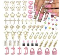 76 Count Creative Mix 3D Nail Decorations, Multi-Themed Gold, Pink & Pearl Nail Charms, DIY Nail Art Kit with Bows, Crowns, Stars, Unique Accessories for Gel & Acrylic Manicures, Versatile Supply