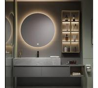 76" Floating Bathroom with Sink Grey Multi Layer Solid Wood Cabinet Integrated Round Smart Defog Mirror Sto Space Modern Design Side Cabinet Included