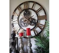 76cm - 100% Metal Large Skeleton Gear Wall Clock - Rustic Gold Colour - Industrial Mechanical Look - Metal Wall Clock - Roman Numerals - Wall Art - Silent Clock