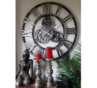 76cm - 100% Metal Large Skeleton Gear Wall Clock - Rustic Silver Colour - Industrial Mechanical Look - Silent Metal Wall Clock - Roman Numerals - Wall Art - Silent Clock