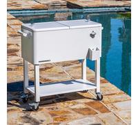 76L Portable Drinks Cooler for Garden Parties & BBQ Accessories, Portable Ice Box on Wheels, Insulated Garden Cool Box with Bottle Opener & Drainage Plug (White)