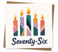 76th Birthday Card, Five Colourful Candles, Seventy-Six | Five colourful candle illustrations and bold “Seventy-Six” lettering make a cheerful milestone message for a 76th birthday.