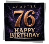 76th Birthday Card for Her, CHAPTER 76 Message | Front reads ‘CHAPTER 76 HAPPY BIRTHDAY’ in bold gold-style type on a dramatic purple lightning backdrop for her 76th.