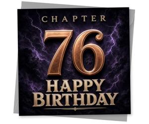 76th Birthday Card for Her, CHAPTER 76 Message | Front reads ‘CHAPTER 76 HAPPY BIRTHDAY’ in bold gold-style type on a dramatic purple lightning backdrop for her 76th.