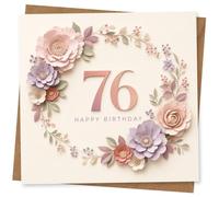 76th Birthday Card for Her, Floral Happy Birthday Card with Pastel Paper Flower Wreath Design