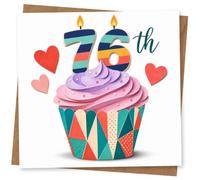 76th Birthday Card for Her, Layered Cupcake, Hearts | Cheerful 76th birthday for Her: layered cupcake illustration, striped number 76 candle toppers and heart details.