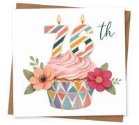 76th Birthday Card for Her, Striped Candle Topper Cupcake | Bright 76th card featuring a pink-iced cupcake with striped candle-style number topper and delicate floral accents.