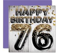 76th Birthday Card for Men, Black & Gold Glitter Balloons