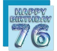 76th Birthday Card for Men - Blue Glitter Party Balloon - Happy Birthday Cards for 76 Year Old Man Great Grandpa Grandad Dad Gran, 145mm Greeting Cards Gift