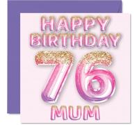 76th Birthday Card for Mum, Pink & Purple Glitter Balloons