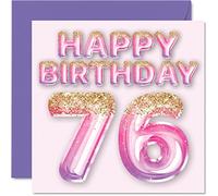 76th Birthday Card for Women - Pink & Purple Glitter Balloons - Happy Birthday Cards for 76 Year Old Woman Mum Great Nanny Grandma Gran, 145mm Greeting Cards Gift
