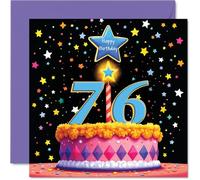 76th Birthday Cards for Men Women - Pink Cake & Stars - Happy Birthday Card for 76 Year Old Man Woman Grandma Nanny Nan Cousin, 145mm Bday Greeting Cards