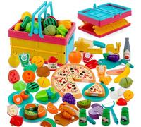 77 PCS Cutting Play Food Toy for Kids Kitchen Pretend Fruit Vegetables Accessories with Shopping Storage Basket Plastic Mini Dishes and Knife Educational Toy for Toddlers Boys Girls Ages 3 4 5