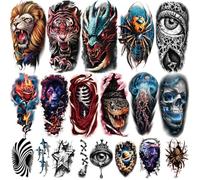 77 Sheets 3D Realistic Temporary Tattoos Adults Kids, Halloween Scary Skull Tiger Wolf Lion Dragon Spider Snake Temporary Tattoos For Women Men, Half Arm 3D Temp Tattoos Look Real And Last Long