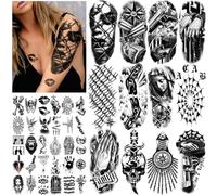 77 Sheets Black Temporary Tattoos Adult Skull Prison Chains Cholo Web Fake Tattoos Stickers, Half Sleeve Body Shoulder Neck Tattoo for Men Women Kids