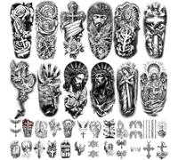 77 Sheets Christian Cross Temporary Tattoo for Women Men, 17 Sheets Half Arm Large Religious Jesus God Fake Tattoos, 60 Sheets Angels Black Christ Tiny for Adult Kids Body Tattoos Stickers Realistic