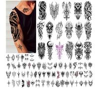 77 Sheets Cyborg Tribal Temporary Tattoo for Women Men, 17 Half Arm Large Skull Butterfly Fake Tattoos, 60 Black Vintage Tiny Adult Kid Body Tattoos Stickers Realistic Waterproof Long Lasting
