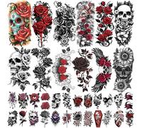 77 Sheets Flowers Skeleton Skull Temporary Tattoo for Women Men, 17 Half Arm Dark Gothic Punk Rocker Butterfly Fake Tattoos, 60 Scary Halloween Cosplay Tiny Adult Kid Body Tattoos Stickers Realistic