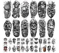 77 Sheets Pirate Skull Temporary Tattoo for Women Men, 17 Sheets Half Arm Large Flower Skeleton Octopus Fake Tattoos, 60 Sheets Anchor Clock Black Tiny for Adult Kids Body Tattoos Stickers Realistic