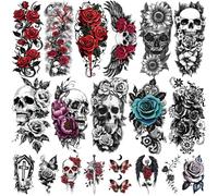 77 Sheets Skull Flower Realistic Temporary Tattoos For Women Men Adult, Large Rose Bones & Flowers Floral Fake Tattoos Girl, Skeleton and Spooky Halloween Temp Tatoo Sticker Thigh Back Leg Body Art