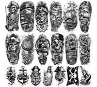 77 Sheets Temporary Pirate Tattoos, Captain Anchor Compass Sailboat Tattoos, Pirate Ships, Skull, Crossbone, Sailor Fake Arm Tattoo for Men Women Costumes