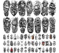 77 Sheets Temporary Tattoos for Adults and Kids - Realistic Fake Tattoo Pirate Skeleton Ship Captain Anchor Compass Black Tattoo Design for Men Women Boys and Girls