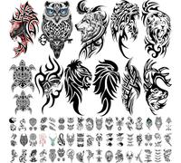 77 Sheets Tribal Temporary Tattoos for Men, 17 Sheets Half Arm Western Tribal Wolf Lion Owl Skull Fake Tattoos Long Lasting for Adults Women, 60 Sheets Black Tiny Tattoos Sticker for Kids Boy Girl