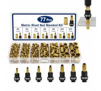 77PCS Carbon Steel Rivet Nut Tool Kit, M3-M12 Rivnut Tool Kit | M3 M4 M5 M6 M8 M10 M12, 7 Mandrels and 70 Flat Head Rivnuts, Hand Riveter Set for Nuts and Bolts Repair