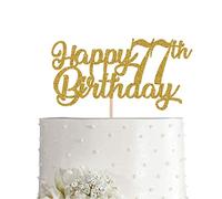 77th Birthday Cake Topper, Gold Glitter Cheers To 77 Years Party Decoration, Supply