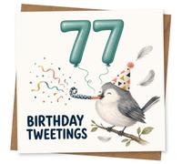 77th Birthday Card, Birthday Tweetings Bird & Balloons | Celebrate a 77th with teal balloon-style numbers, confetti streamers and a party-hat bird above the “Birthday Tweetings” pun.